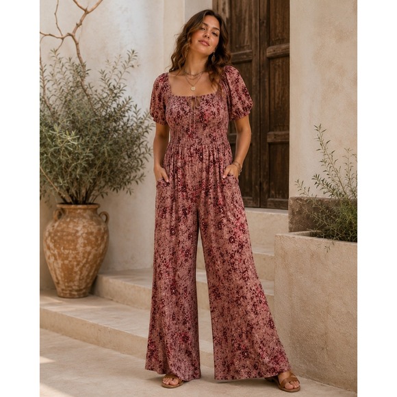 B.O.G Collective Pants - B.O.G Collective Floral Wide Leg Jumpsuit Pink Smocked Puff Sleeve XS